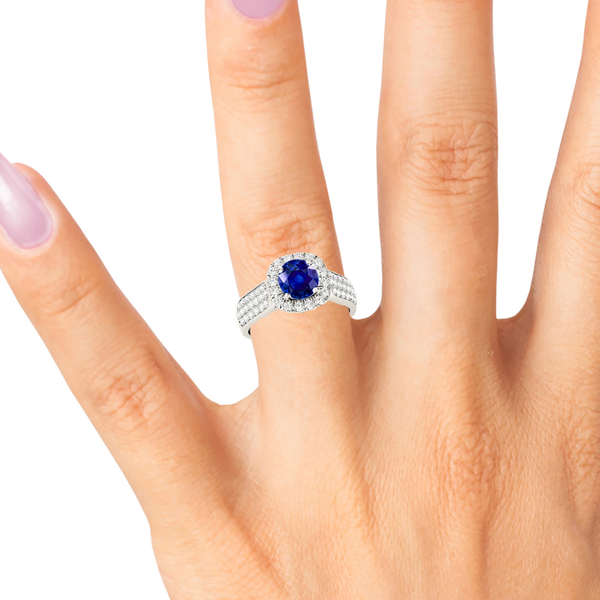 1.35 ct. Genuine Blue Round Sapphire Ring With 0.75 ctw. Diamond Cushion Halo, Triple Row Diamond Band | Natural Sapphire And Diamond Ring-VIRABYANI